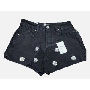 FOREVER 21 Women’s Embroidered Daisies Denim Shorts Frayed/Raw Hem Sz 30 BLACK